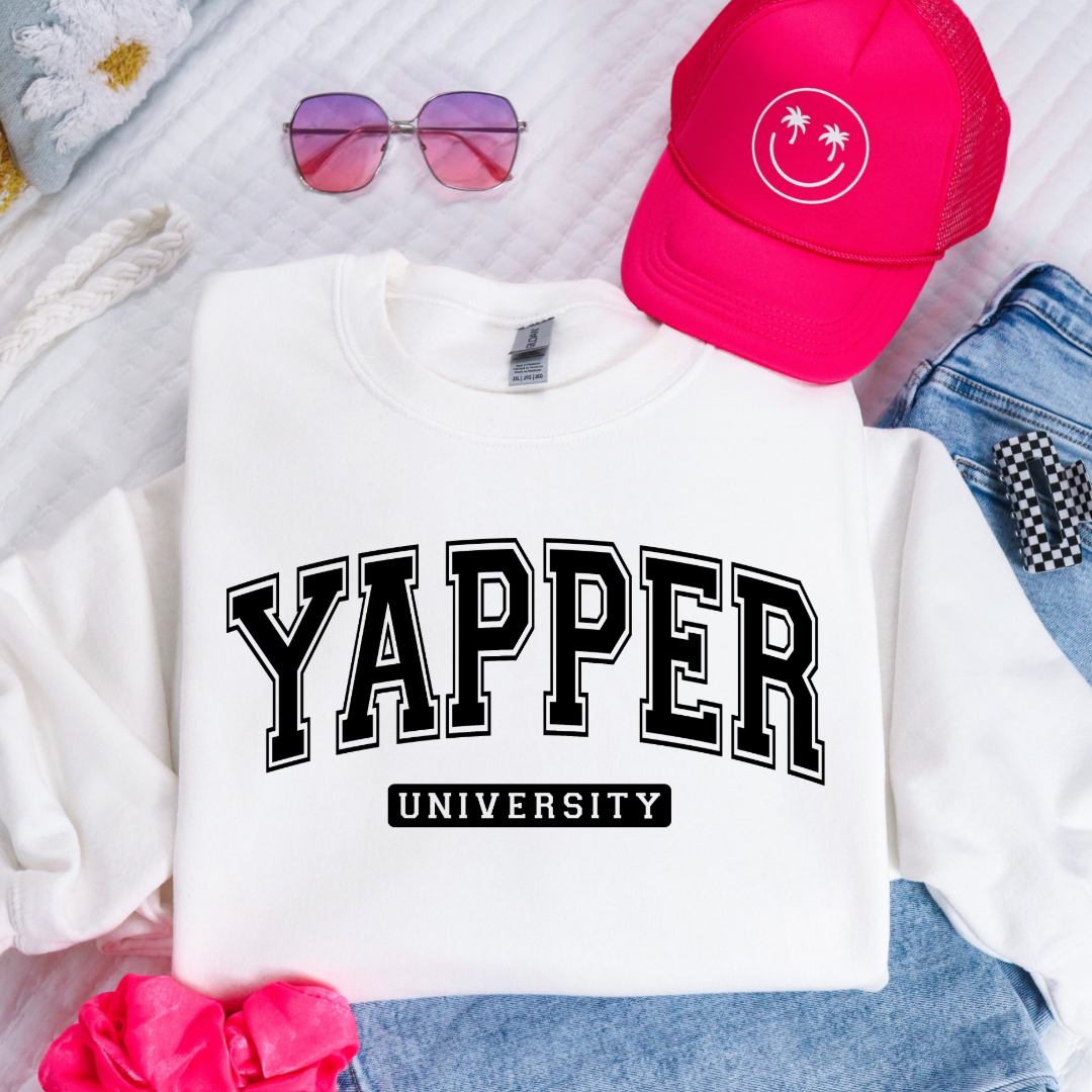 Customized adult white Crewneck with black varsity lettering yapper university Matching hoodies and Graphic tees in adult and youth sizes available.