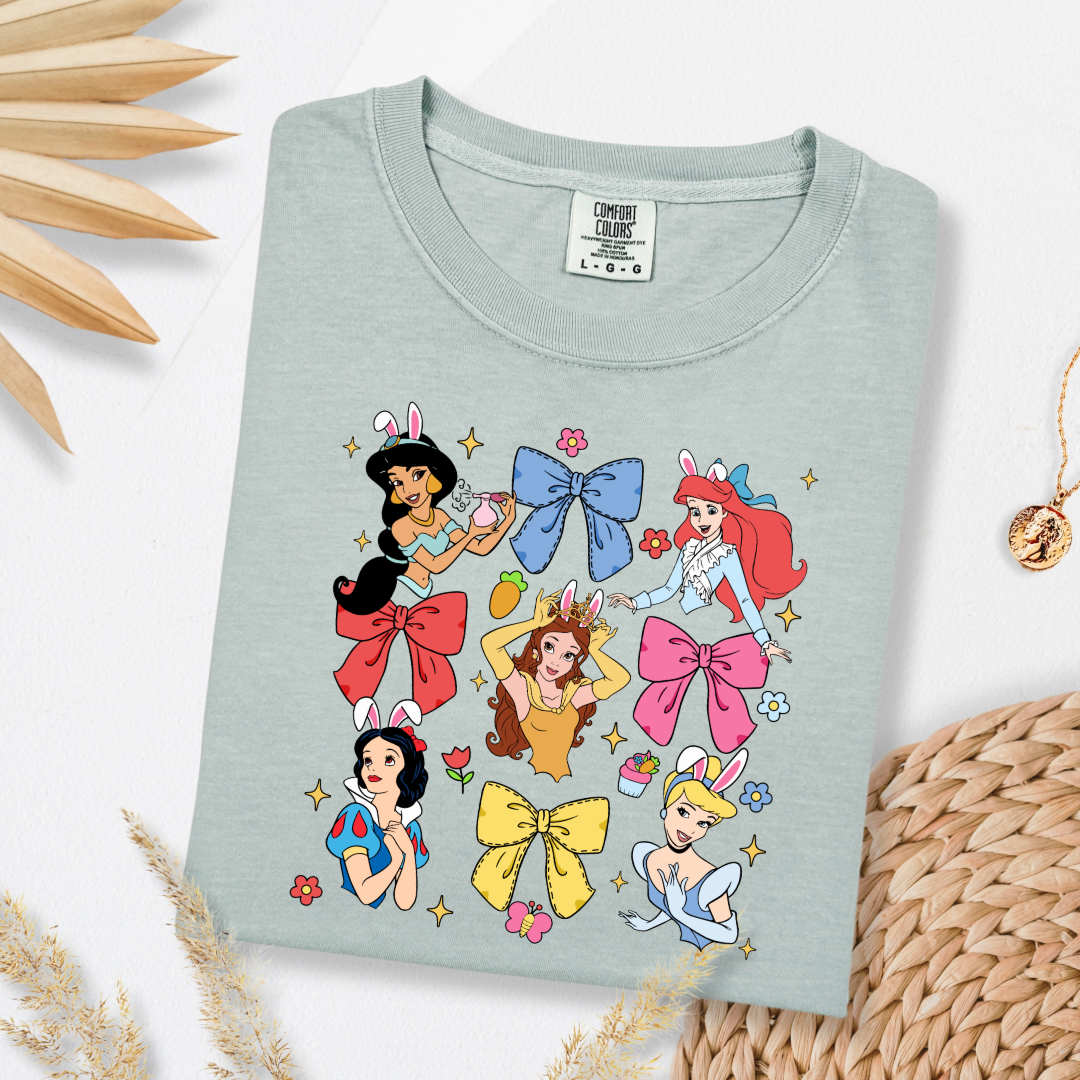 Disney princess coquette with bunny ears adult comfort colors bay green graphic tee matching youth tees available