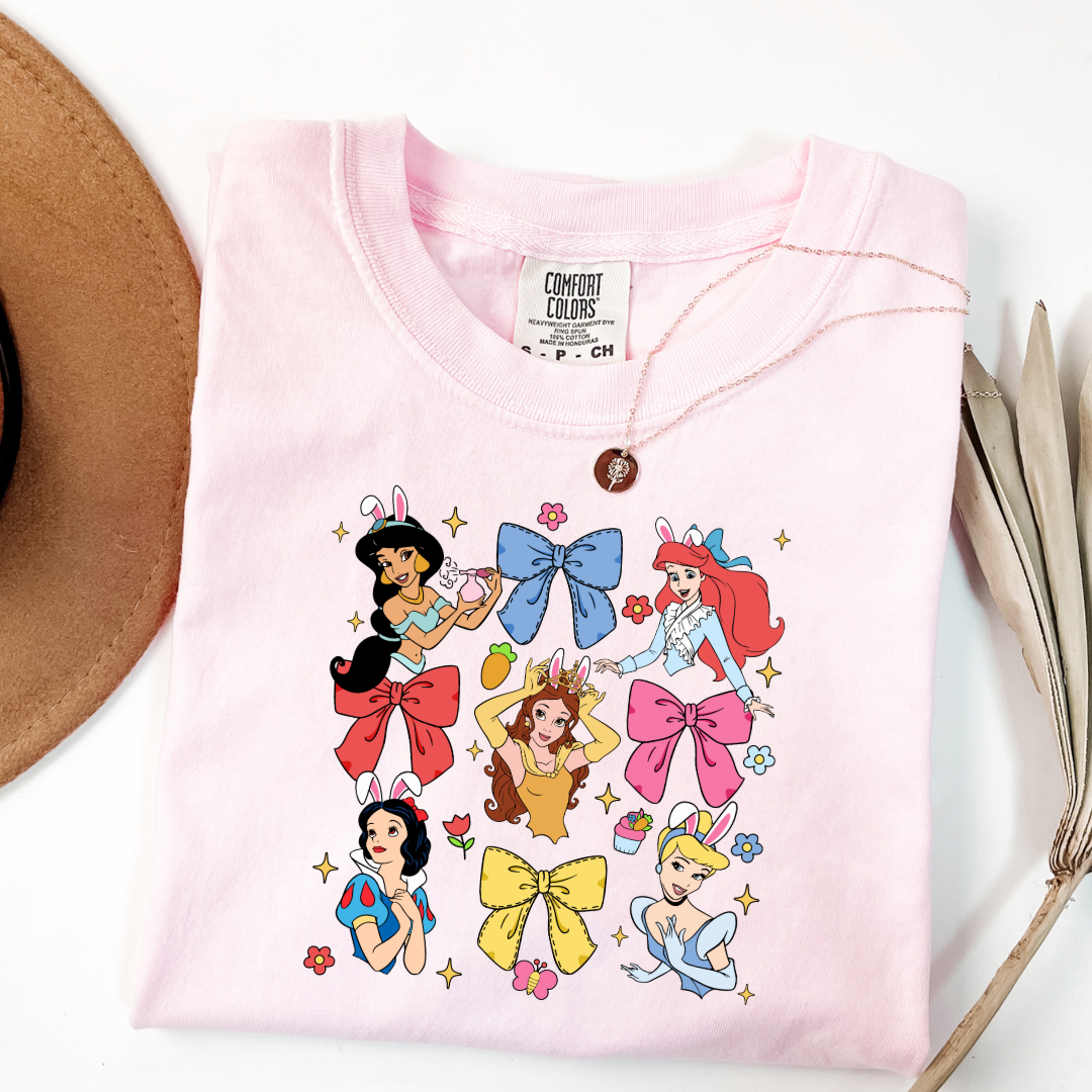 Disney princess coquette with bunny ears adult comfort colors blossom pink graphic tee matching youth tees available