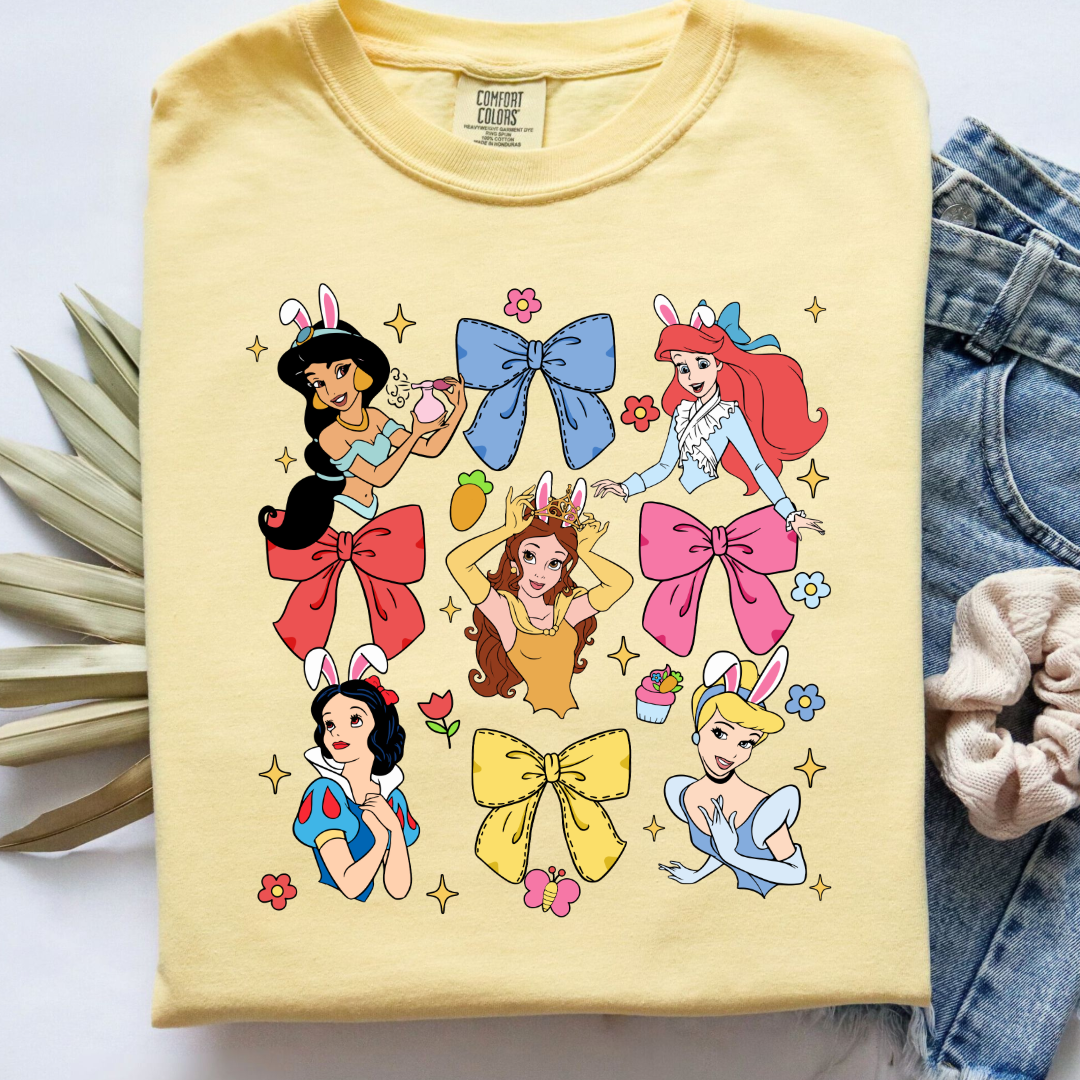 Disney princess coquette with bunny ears adult comfort colors butter yellow graphic tee matching youth tees available