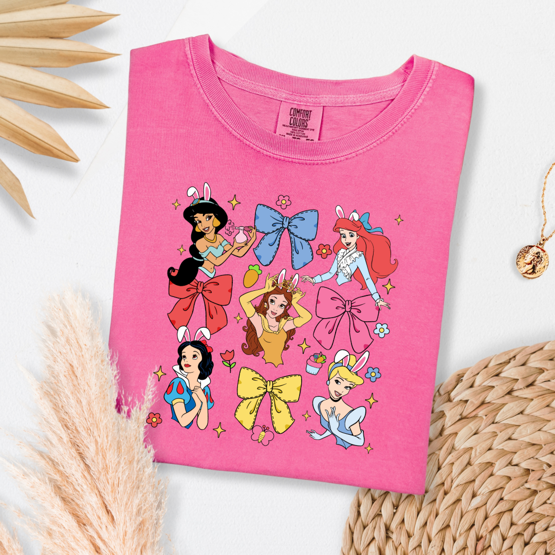 Disney princess coquette with bunny ears adult comfort colors crunchberry pink graphic tee matching youth tees available