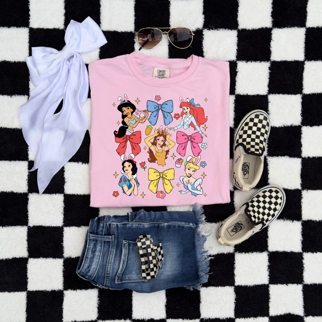 Disney princess coquette with bunny ears youth comfort colors blossom pink flat lay graphic tee matching adult tees available