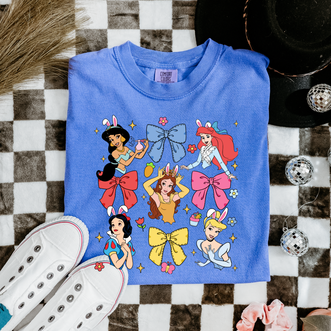 Disney princess coquette with bunny ears youth comfort colors Flo blue graphic tee matching adult tees available