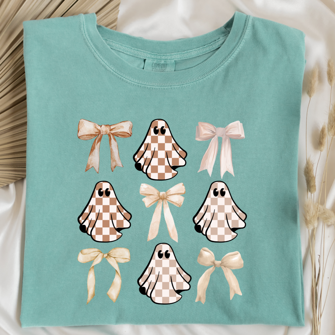 Tan Checkered Ghost Coquette Graphic Tee