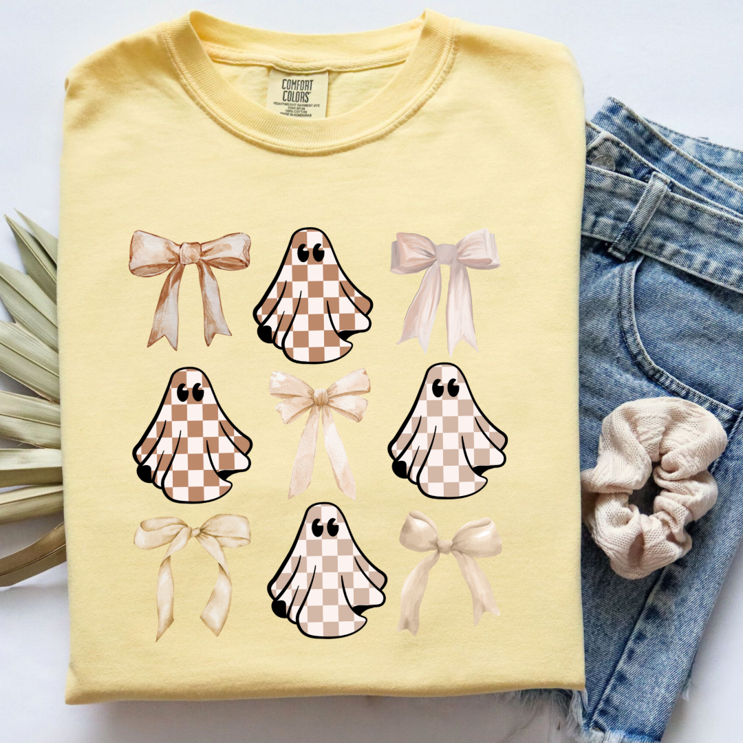 Tan Checkered Ghost Coquette Graphic Tee