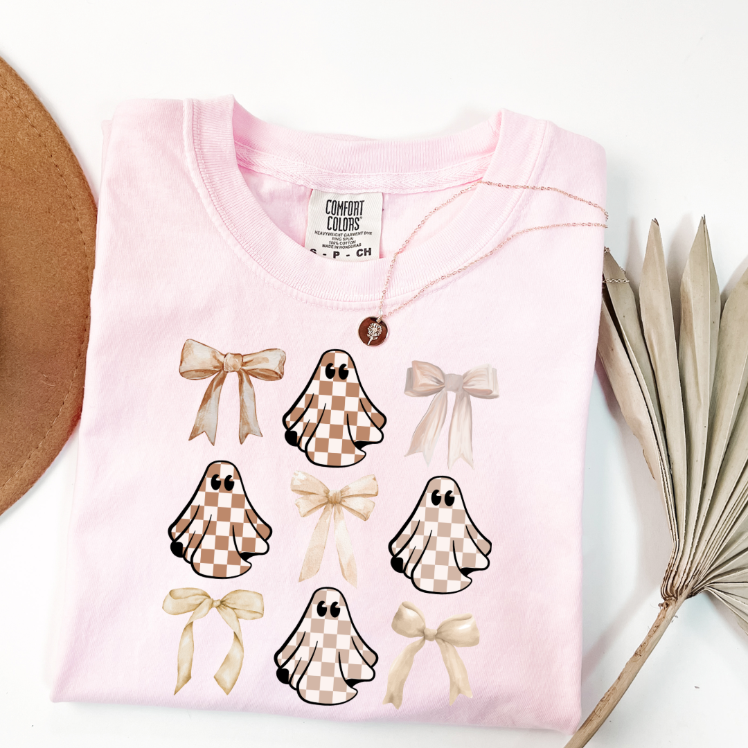 Tan Checkered Ghost Coquette Graphic Tee