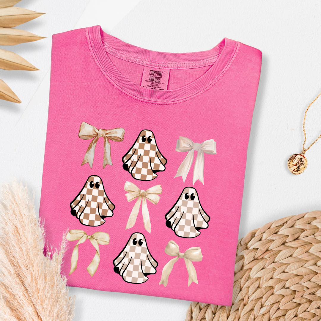 Tan Checkered Ghost Coquette Graphic Tee