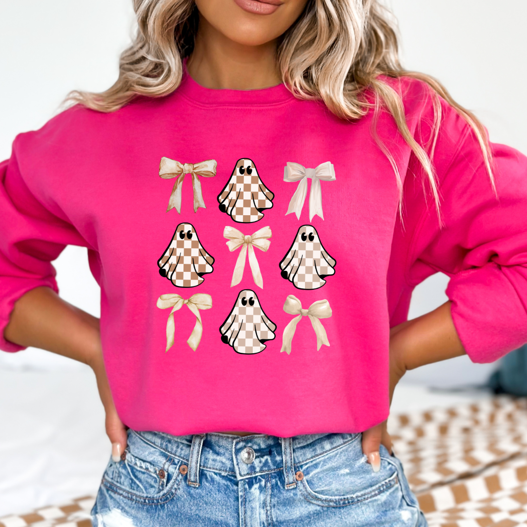 Tan Checkered Ghost Coquette Crewneck & Hoodie