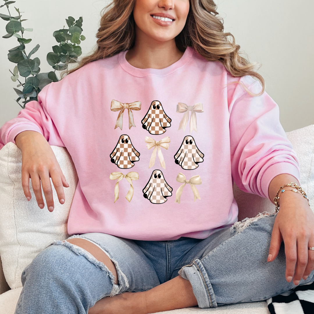 Tan Checkered Ghost Coquette Crewneck & Hoodie