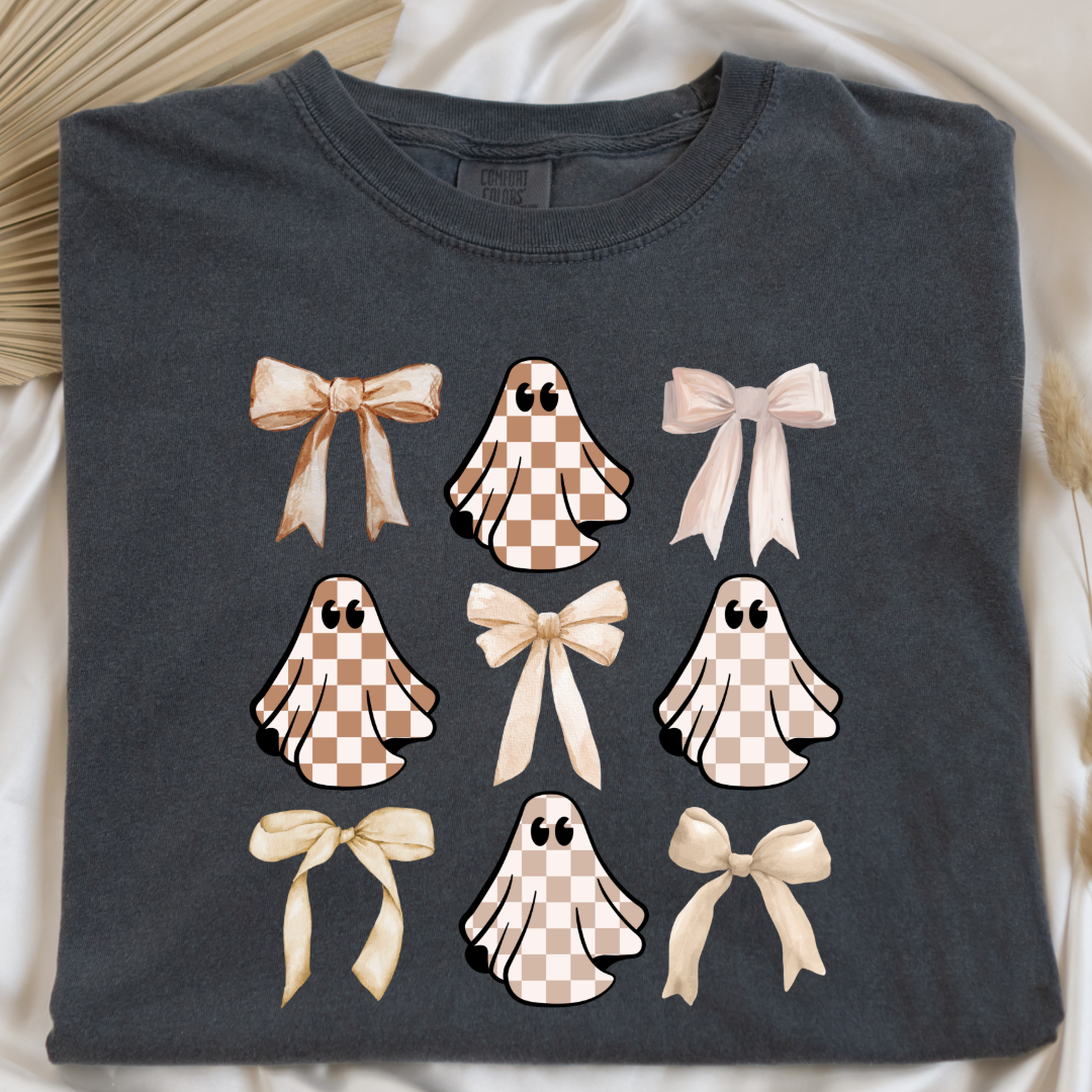 Tan Checkered Ghost Coquette Graphic Tee