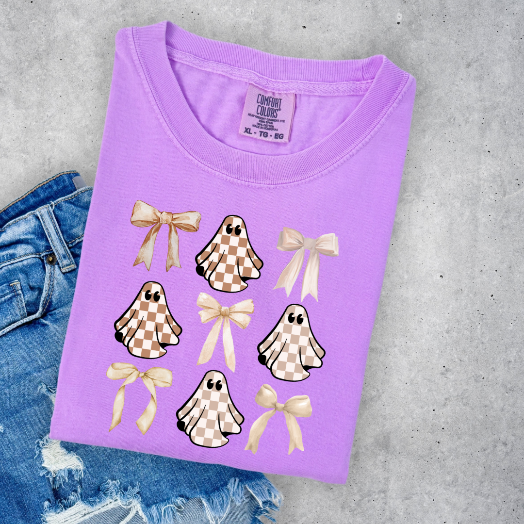 Tan Checkered Ghost Coquette Graphic Tee