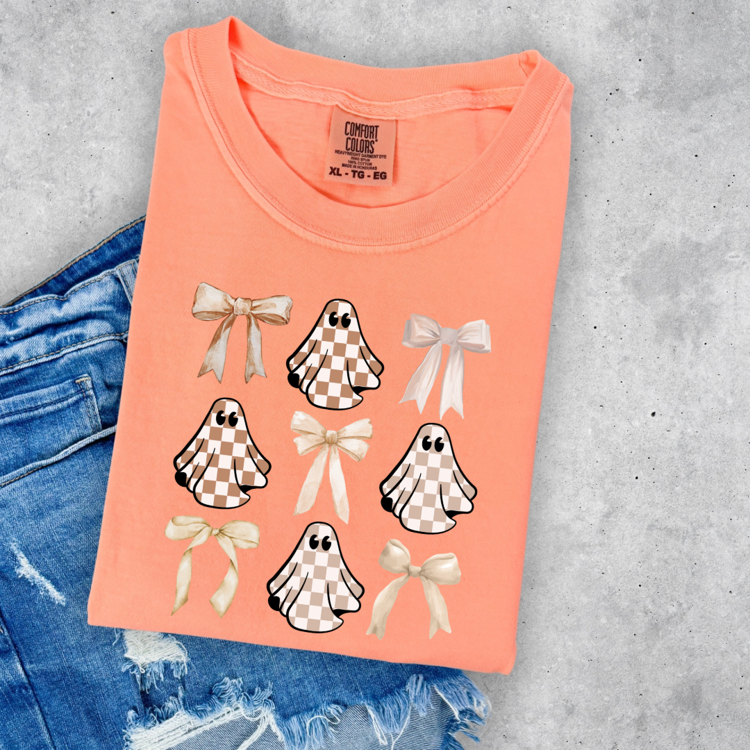 Tan Checkered Ghost Coquette Graphic Tee