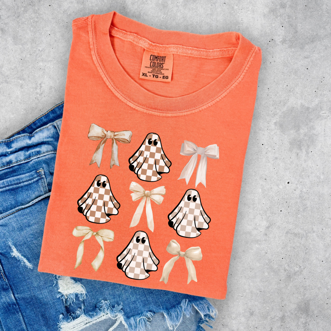 Tan Checkered Ghost Coquette Graphic Tee