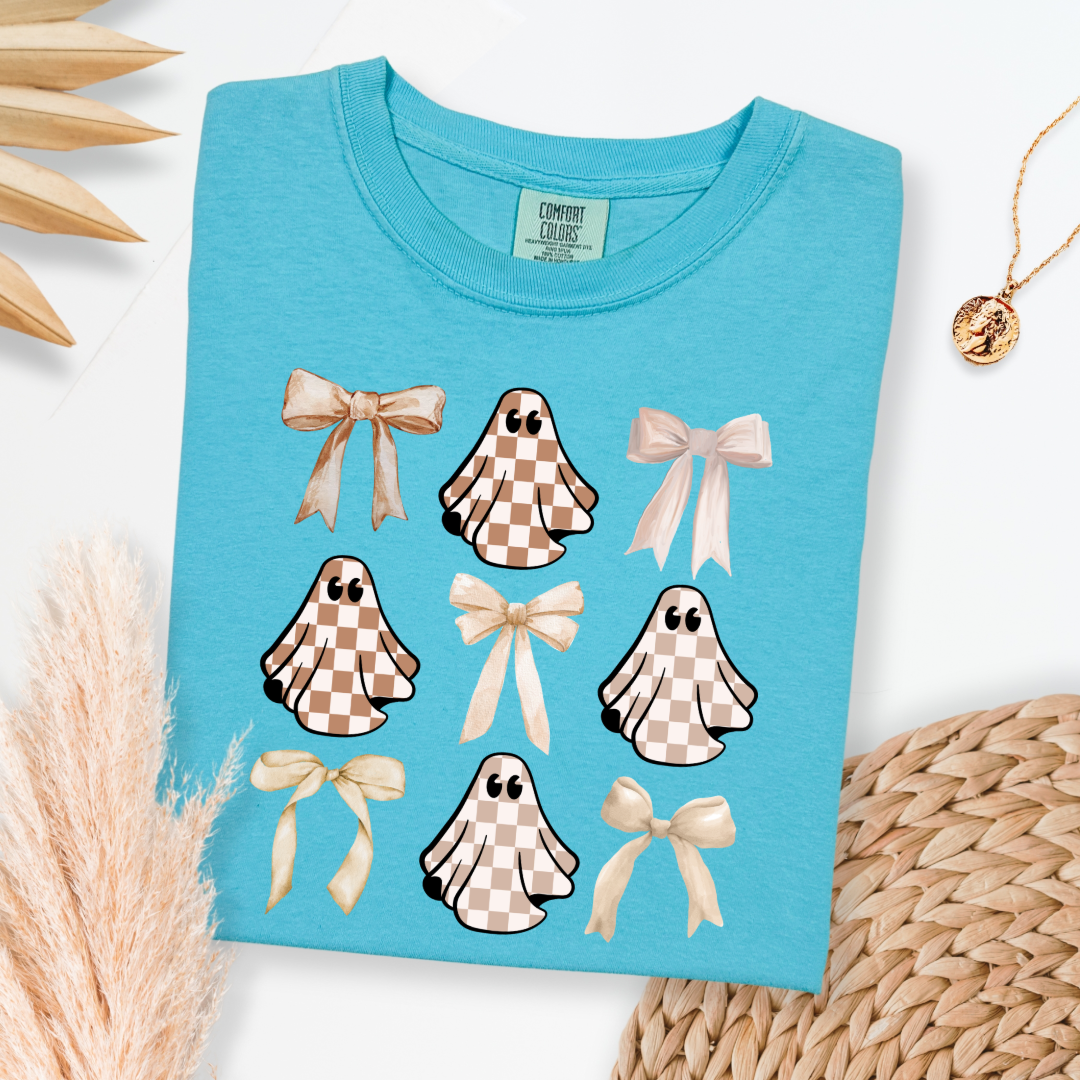 Tan Checkered Ghost Coquette Graphic Tee