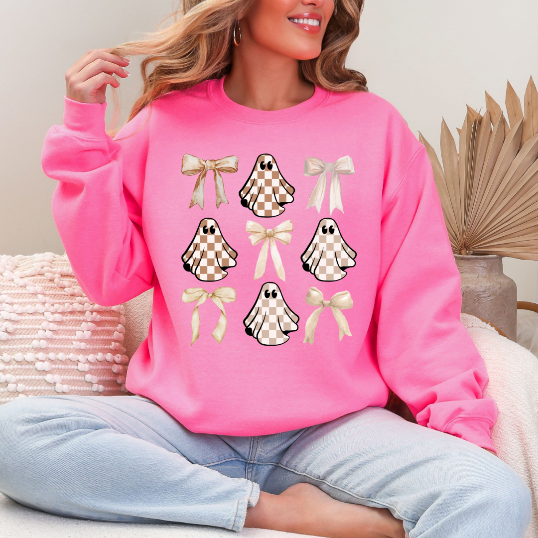 Tan Checkered Ghost Coquette Crewneck & Hoodie