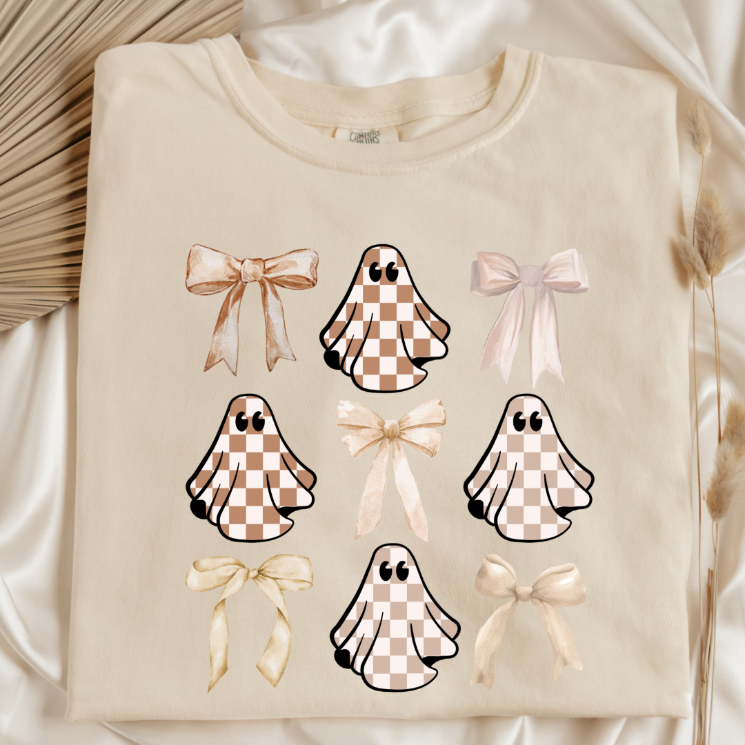 Tan Checkered Ghost Coquette Graphic Tee