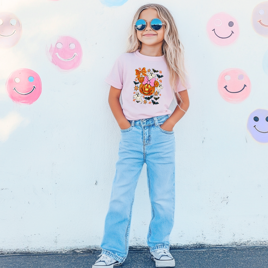 Youth Comfort Colors Blossom Pink Graphic Tee with Dimensional Minnie Mouse pumpkin head with ghosts, bows and bats. This Design Is available in Youth sizes Small through XL. Mickey Mouse available as well