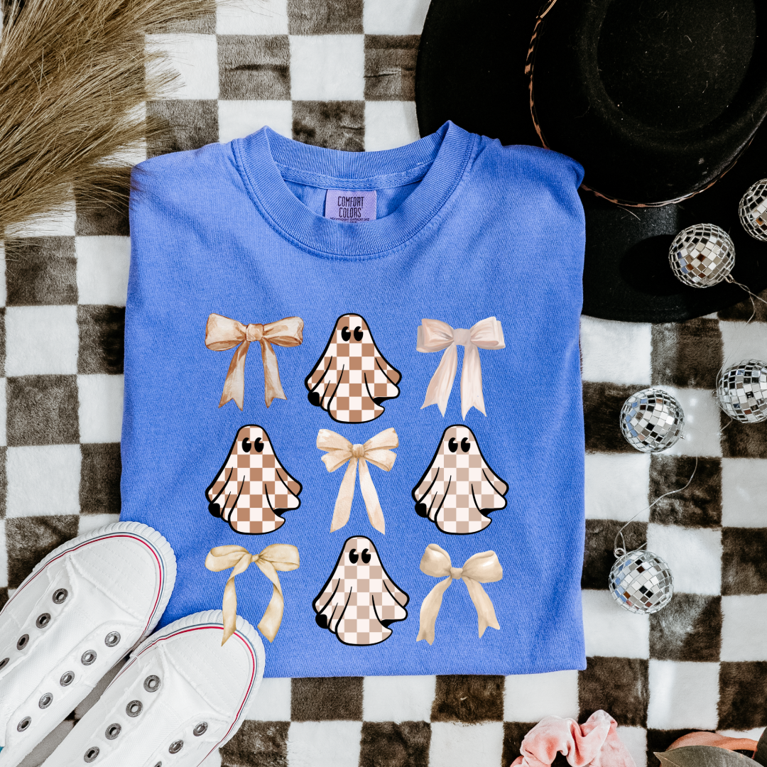 Tan Checkered Ghost Coquette Graphic Tee