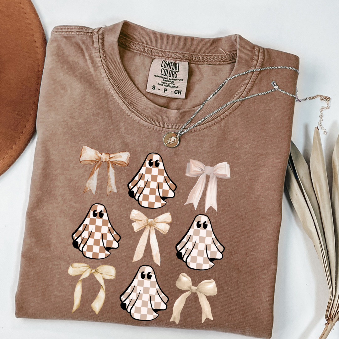 Tan Checkered Ghost Coquette Graphic Tee