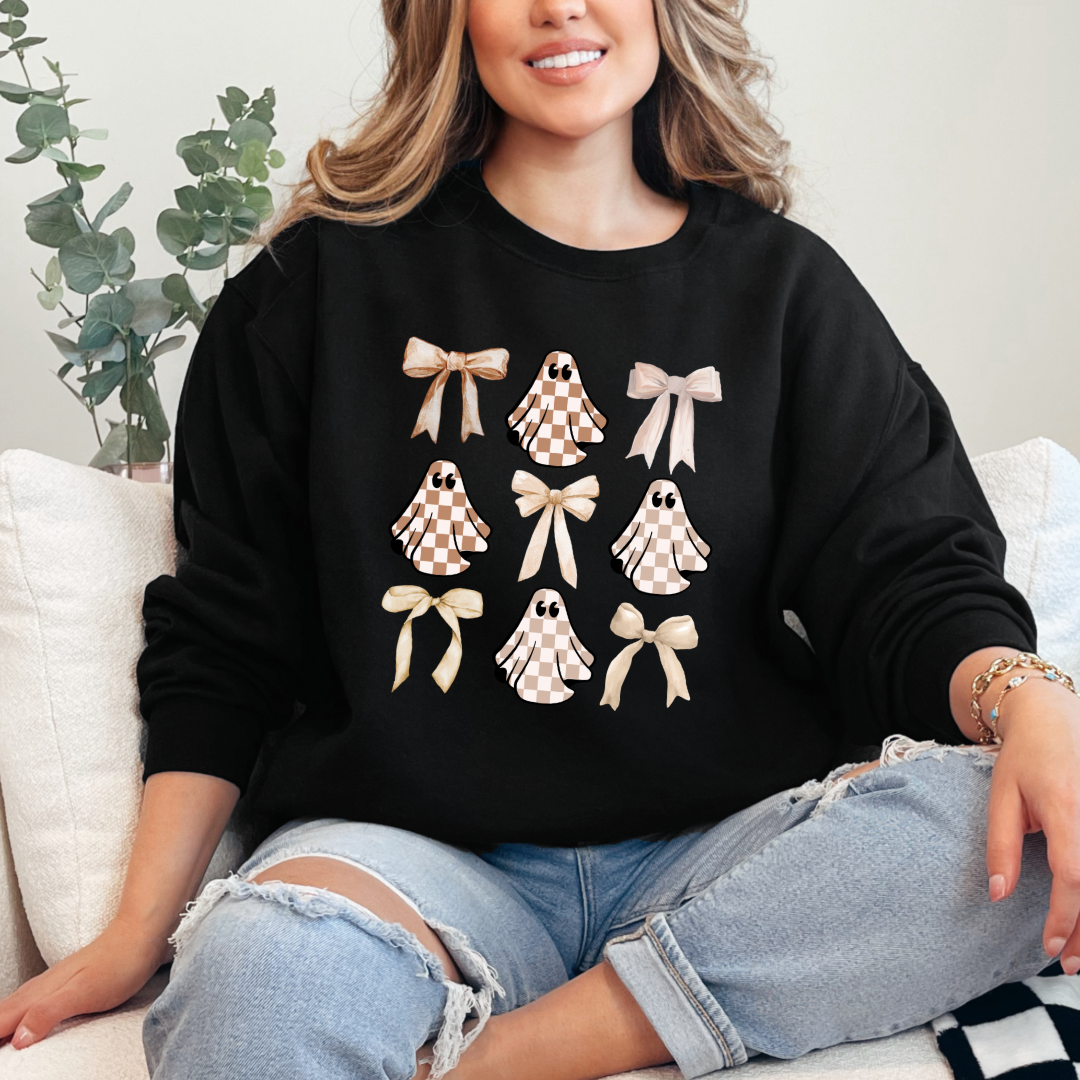 Tan Checkered Ghost Coquette Crewneck & Hoodie