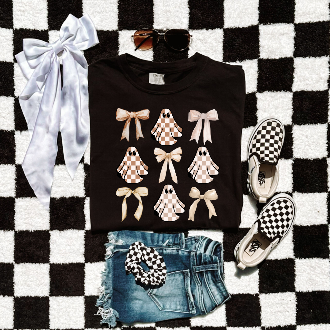 Tan Checkered Ghost Coquette Youth Graphic Tee