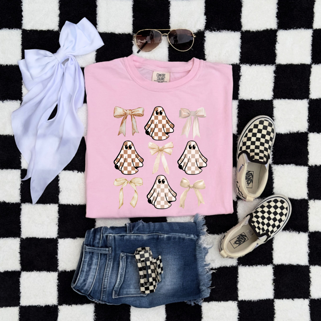 Tan Checkered Ghost Coquette Youth Graphic Tee