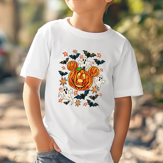 Youth Comfort Colors White Graphic Tee with Dimensional Mickey Mouse pumpkin head with ghosts, bows and bats. This Design Is available in Youth sizes Small through XL. Minnie Mouse available as well