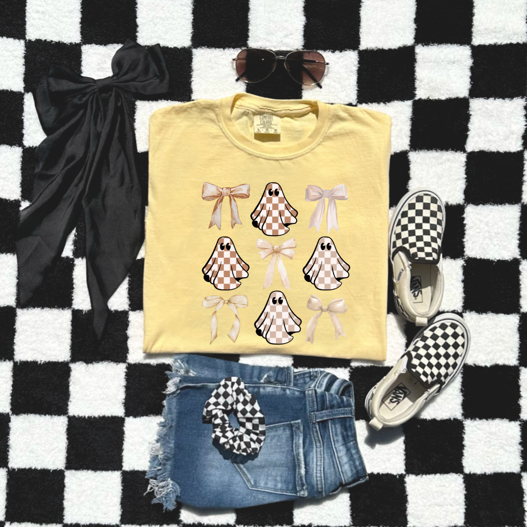 Tan Checkered Ghost Coquette Youth Graphic Tee