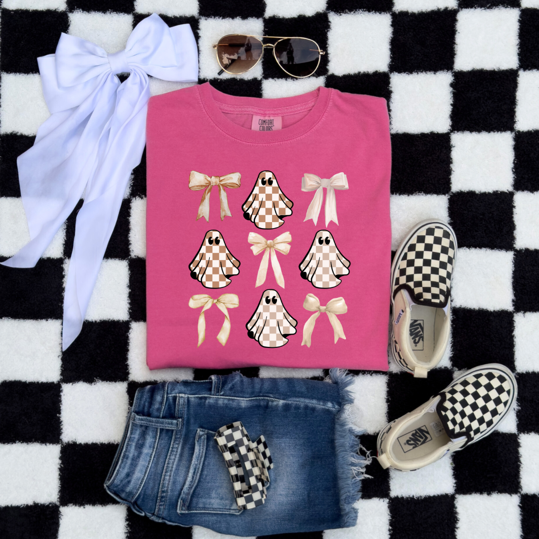 Tan Checkered Ghost Coquette Youth Graphic Tee
