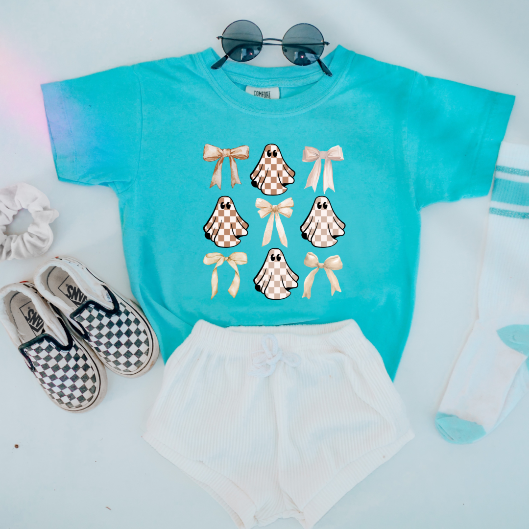 Tan Checkered Ghost Coquette Youth Graphic Tee