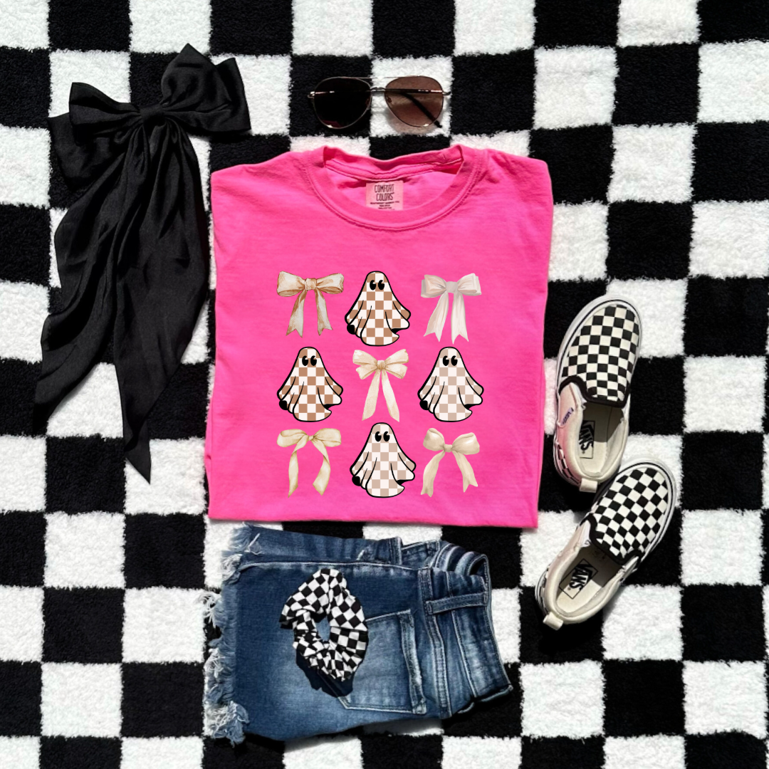 Tan Checkered Ghost Coquette Youth Graphic Tee