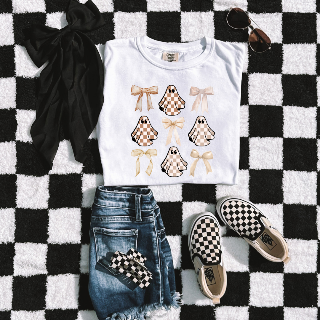 Tan Checkered Ghost Coquette Youth Graphic Tee