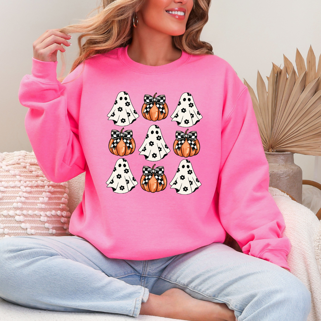 Flower Ghost With Pumpkin Coquette Crewneck & Hoodie