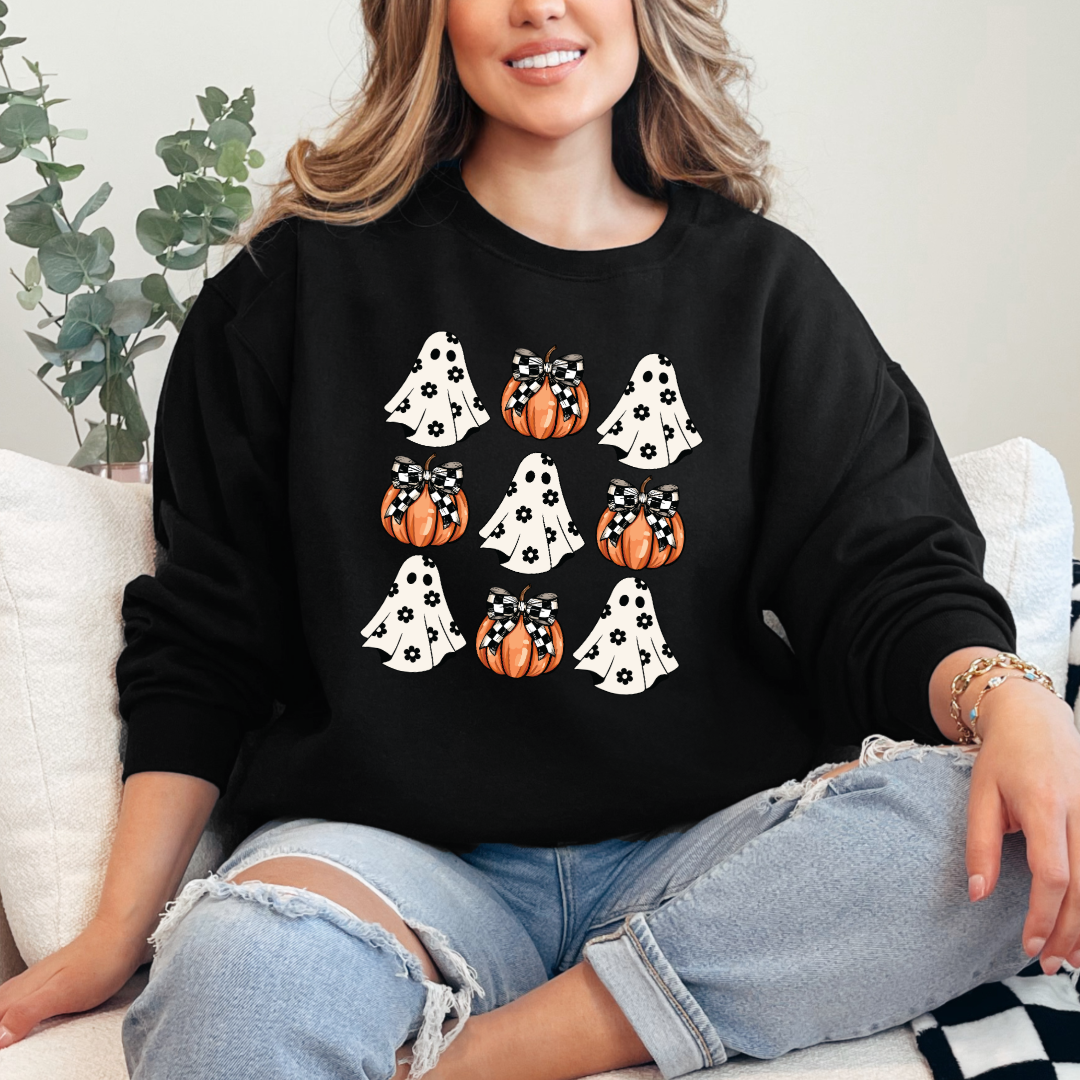 Flower Ghost With Pumpkin Coquette Crewneck & Hoodie