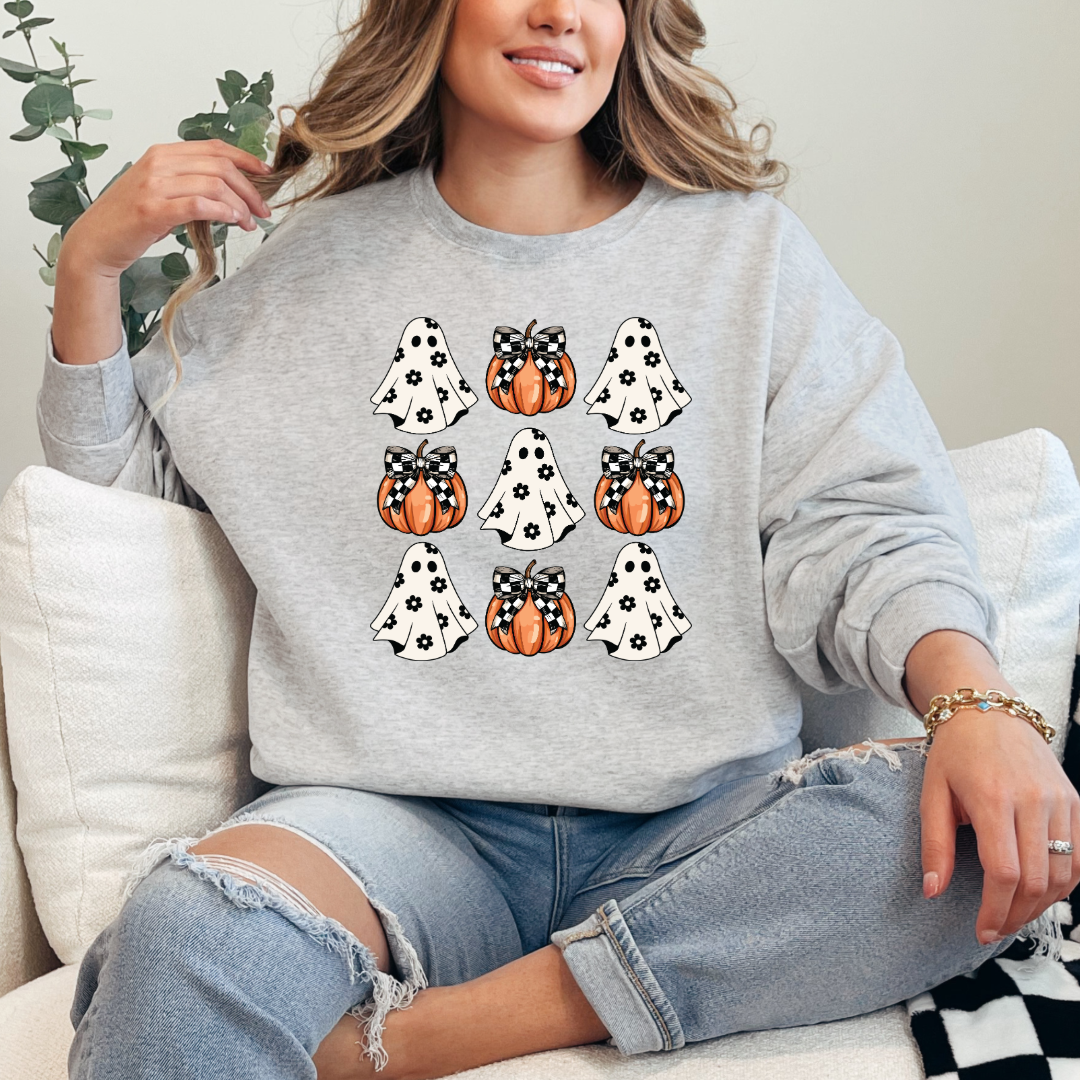 Flower Ghost With Pumpkin Coquette Crewneck & Hoodie