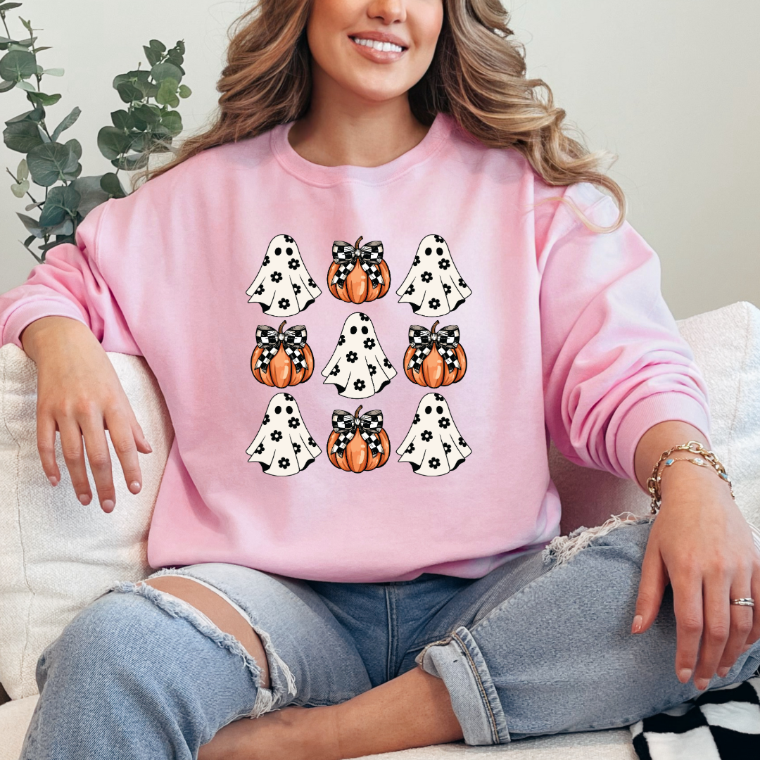 Flower Ghost With Pumpkin Coquette Crewneck & Hoodie