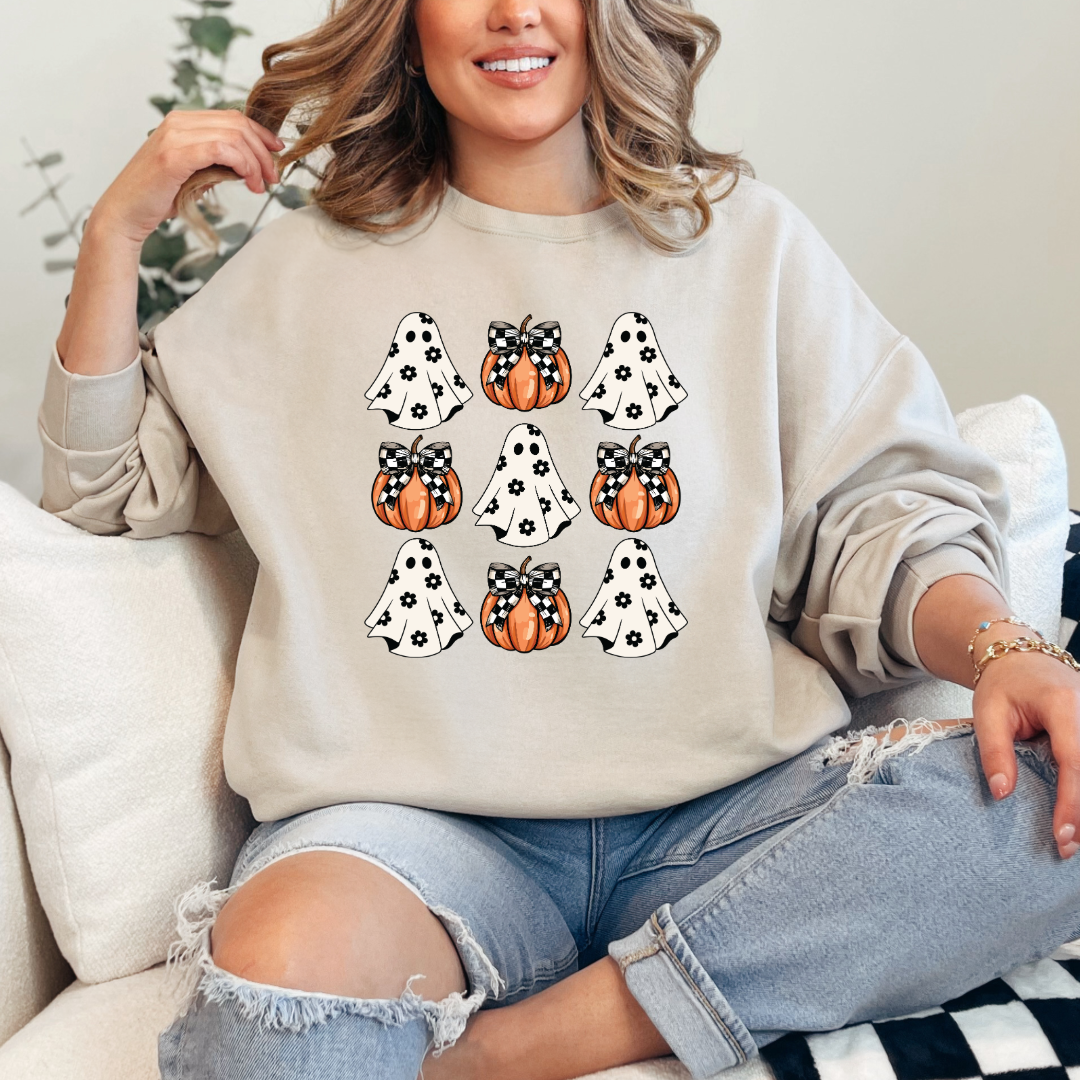 Flower Ghost With Pumpkin Coquette Crewneck & Hoodie