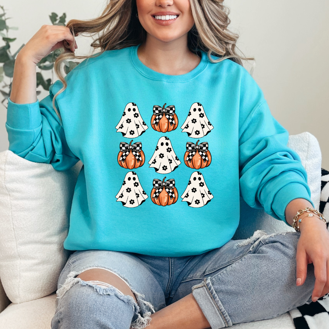 Flower Ghost With Pumpkin Coquette Crewneck & Hoodie