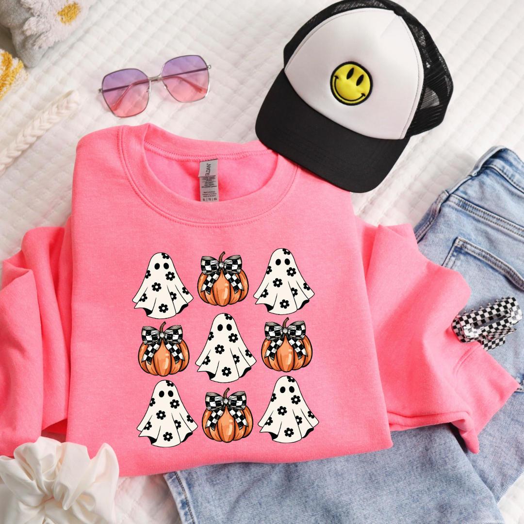Flower Ghost With Pumpkin Coquette Youth Crewneck
