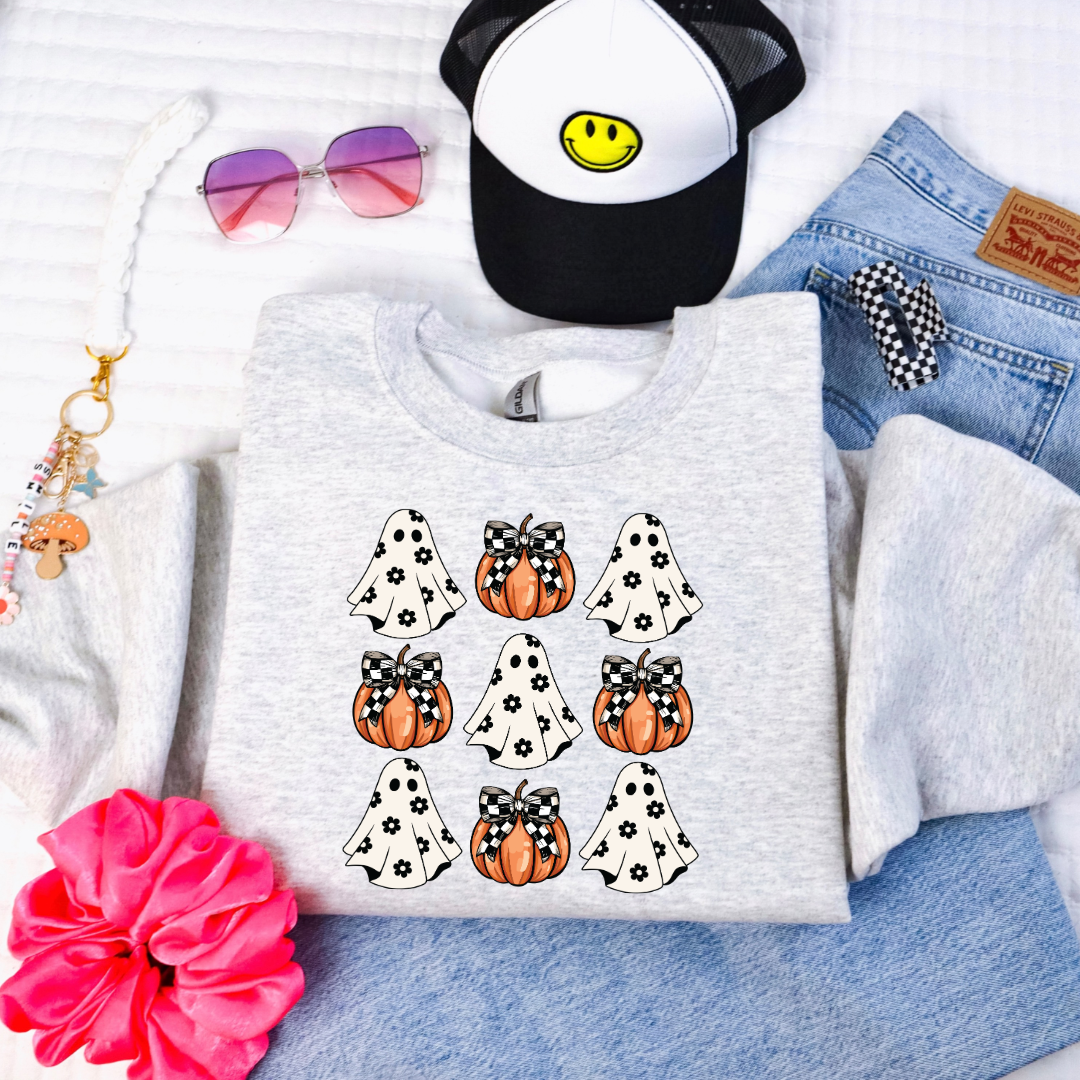 Flower Ghost With Pumpkin Coquette Youth Crewneck
