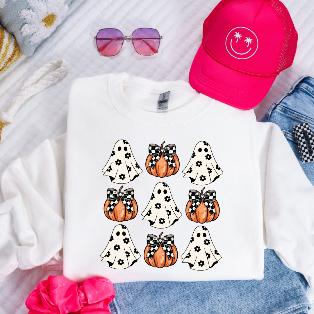 Flower Ghost With Pumpkin Coquette Youth Crewneck