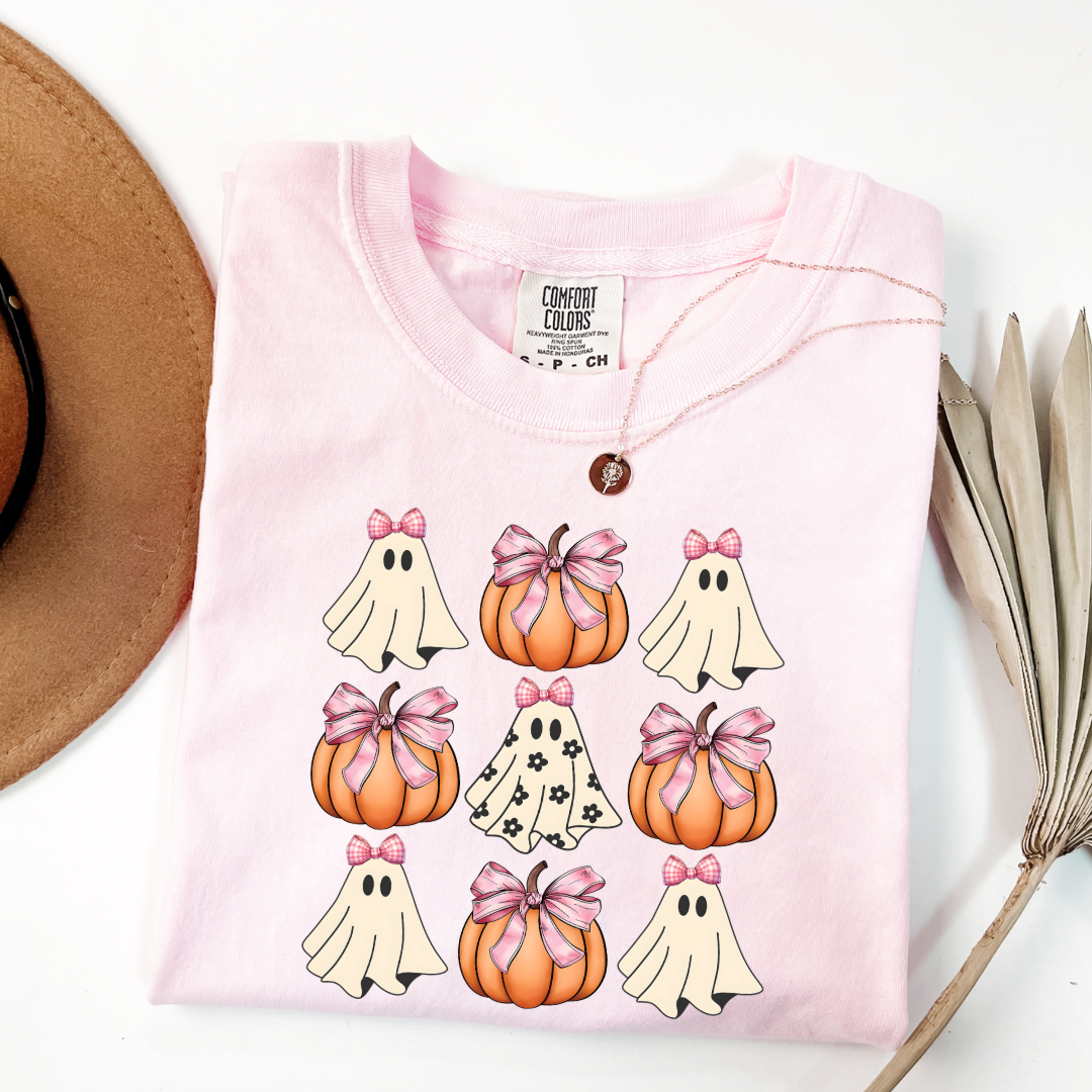 Flower Ghost With Pink Bows & Pumpkins Graphic Tee & Crewneck