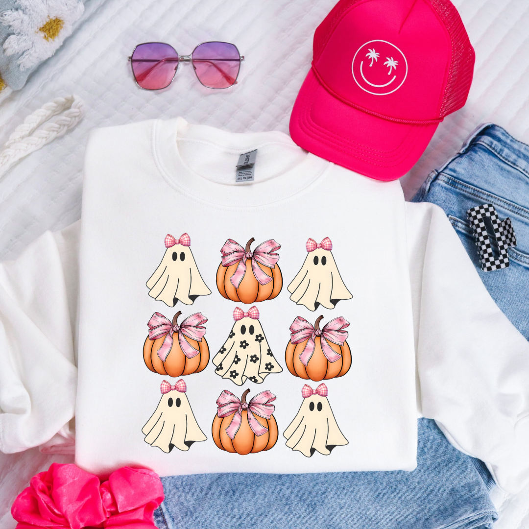 Flower Ghost With Pink Bows & Pumpkins Youth Graphic Tee & Crewneck