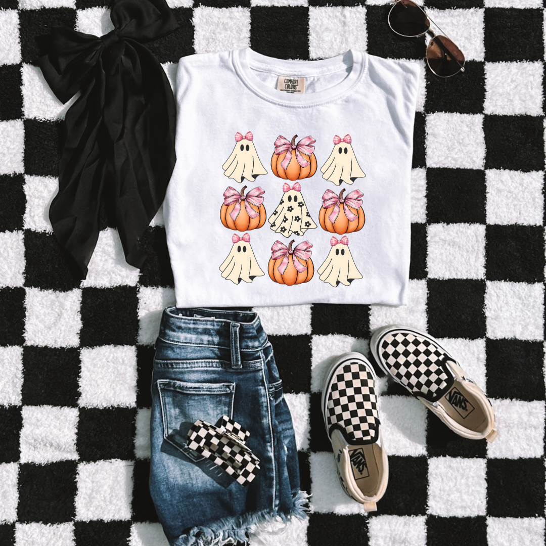 Flower Ghost With Pink Bows & Pumpkins Youth Graphic Tee & Crewneck