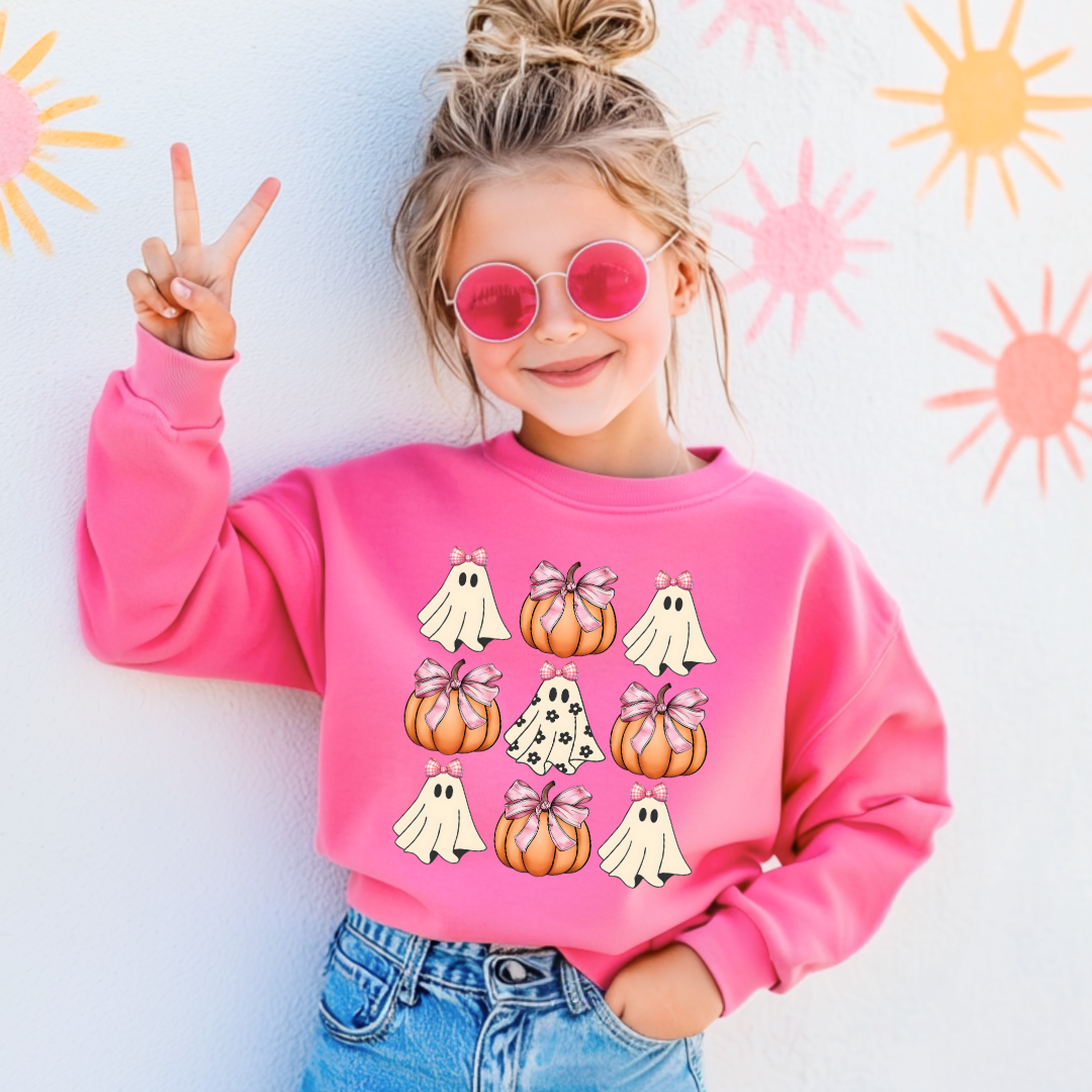 Flower Ghost With Pink Bows & Pumpkins Youth Graphic Tee & Crewneck