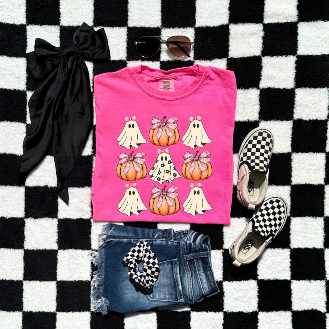 Flower Ghost With Pink Bows & Pumpkins Youth Graphic Tee & Crewneck