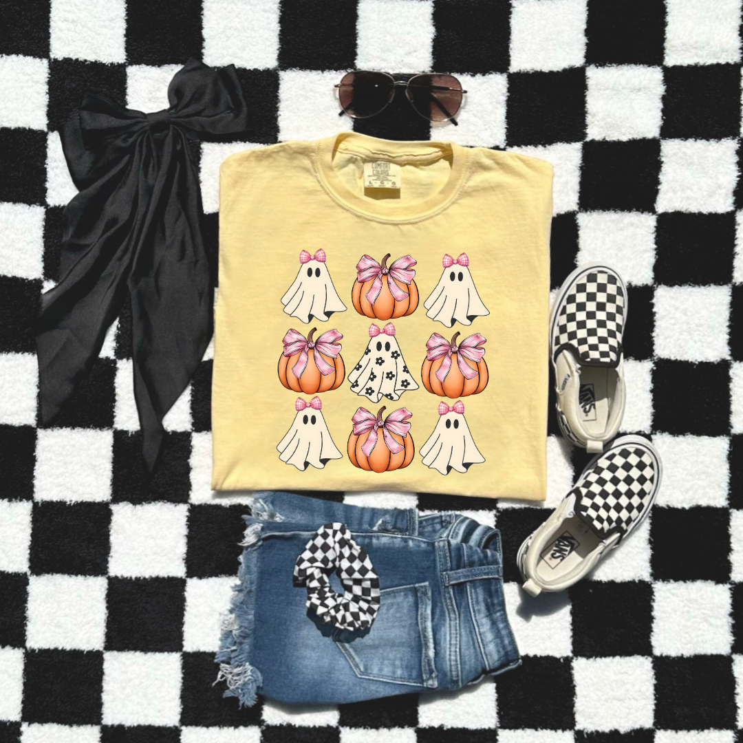 Flower Ghost With Pink Bows & Pumpkins Youth Graphic Tee & Crewneck