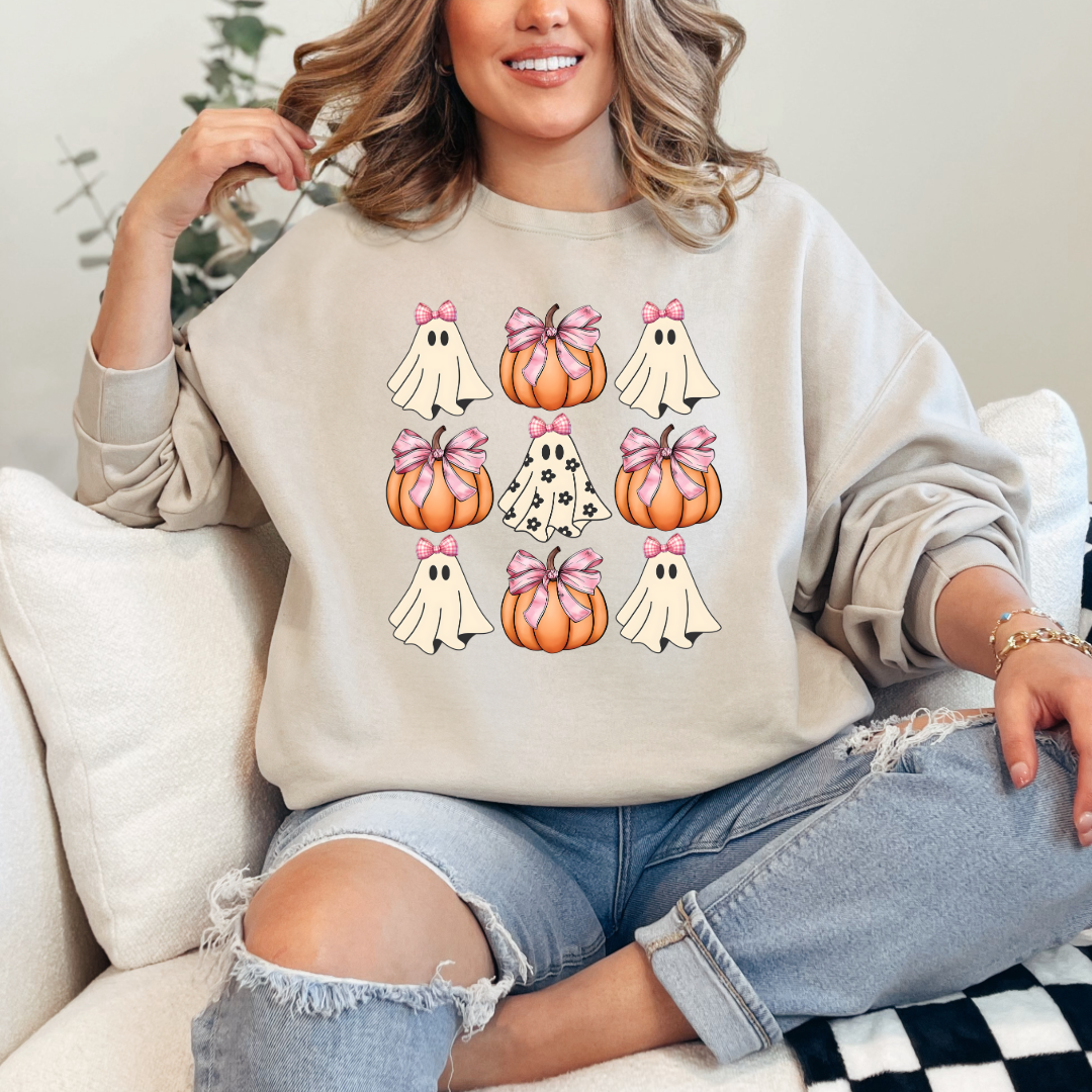 Flower Ghost With Pink Bows & Pumpkins Graphic Tee & Crewneck