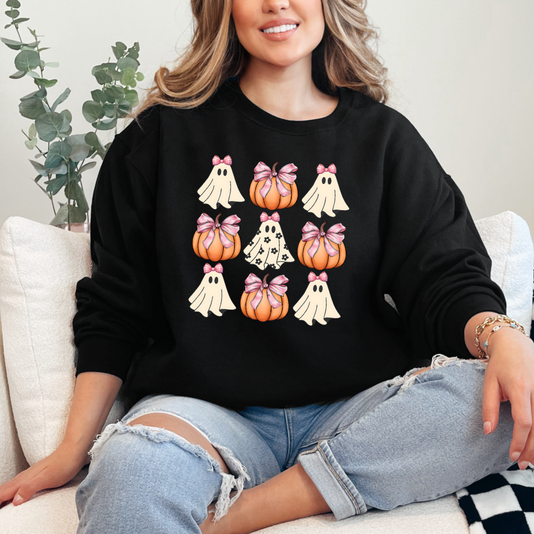 Flower Ghost With Pink Bows & Pumpkins Graphic Tee & Crewneck