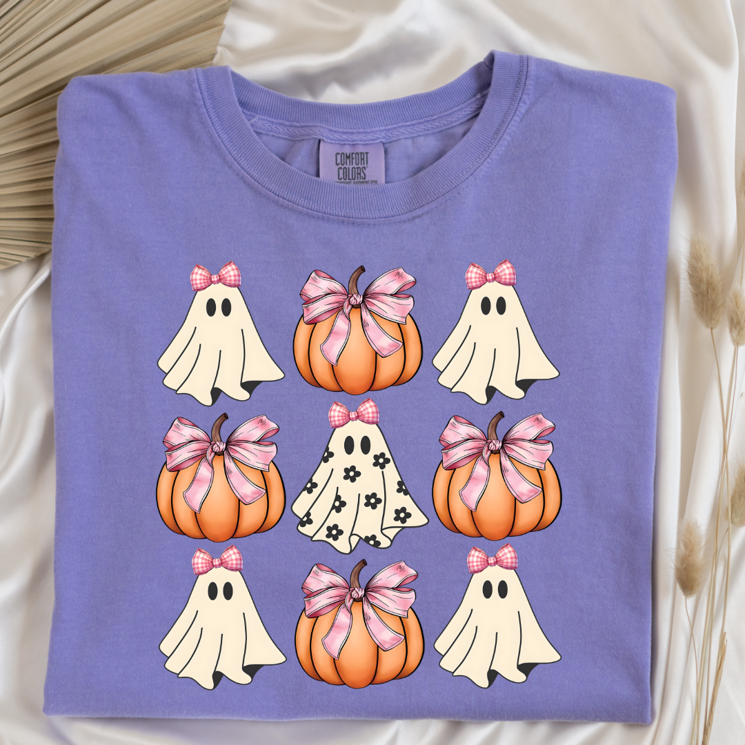 Flower Ghost With Pink Bows & Pumpkins Graphic Tee & Crewneck